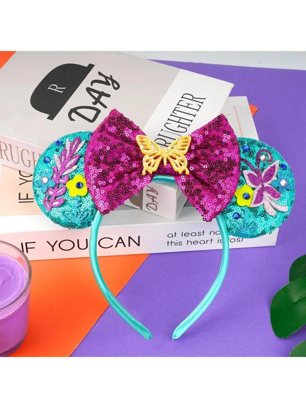 Women Pink Gold Sequin Handmade Mickey Mouse Headband 2 Pieces